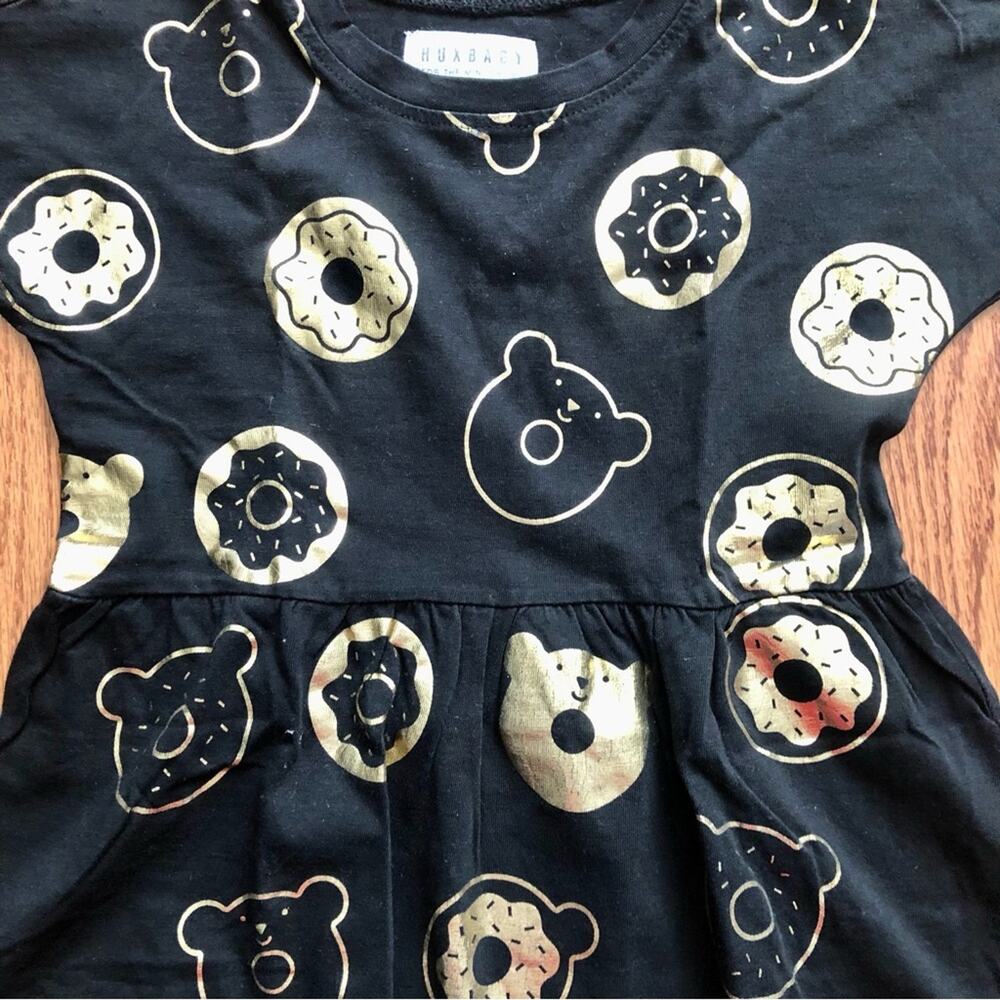 Huxbaby Lucky Lox Black and Gold Casual Cotton Knit Doughnut Dress Girl’s Size 4 - Picture 4 of 9
